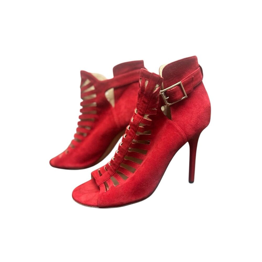 Jimmy Choo Red Suede Laser Cut Ankle Booties.